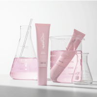 3 pieces of Hydropeptide Anti-Wrinkle + restore skincare in pink bottles splashing into a pink milk